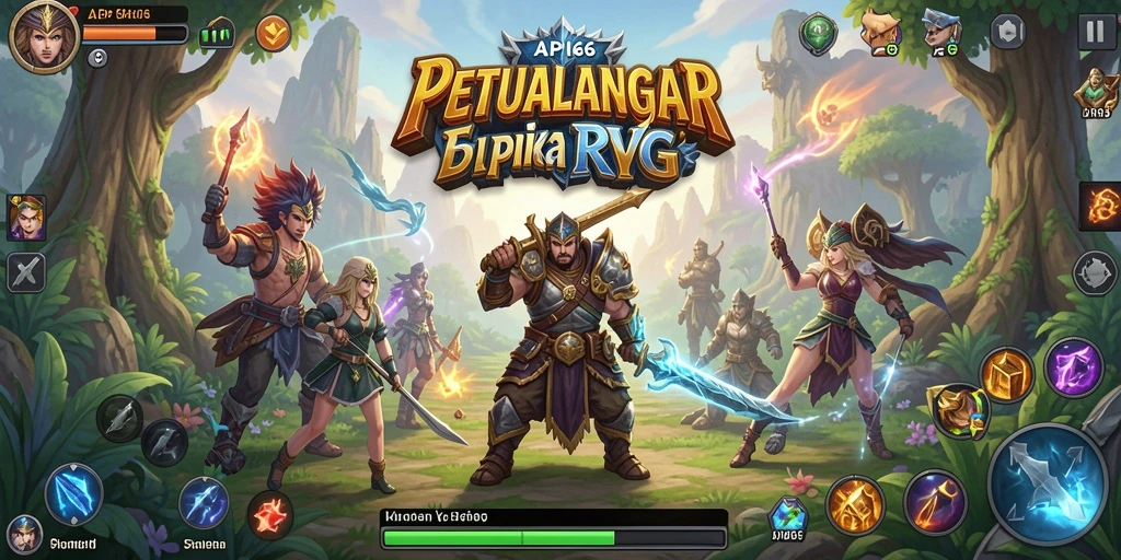 Screenshot menunjukkan karakter dalam pertempuran epik RPG.