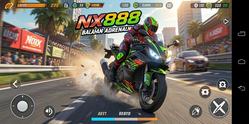 Screenshot gameplay NX888 dengan balapan motor yang intens dan grafis menakjubkan.