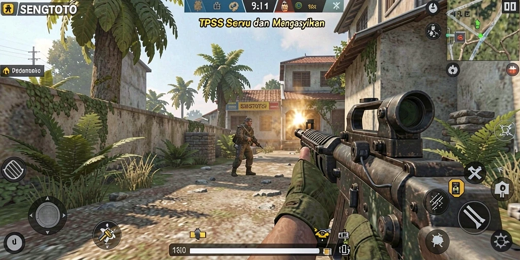 Screenshot gameplay SENGTOTO menampilkan aksi tembak-menembak yang mendebarkan.